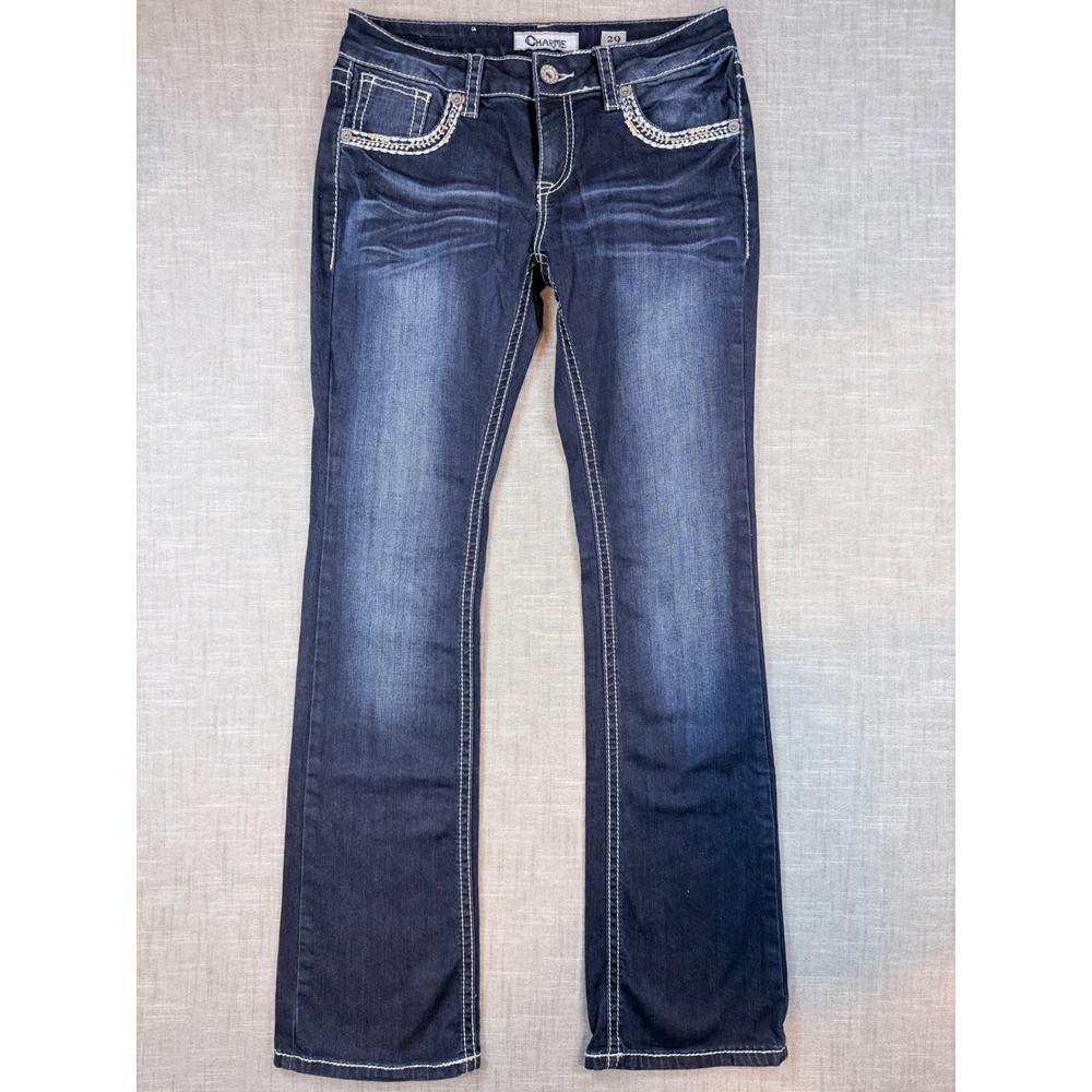 Charme Womens Size 29 Dark Wash Bootcut Jeans Rhinestone Embroidered Pockets Y2K